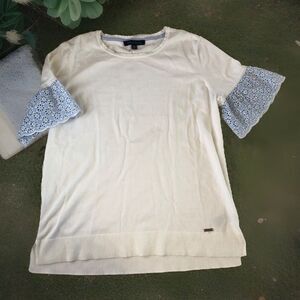 TOMMY HILFIGER Women’s Short Sleeve  Sweater Lace Detail White Size XL